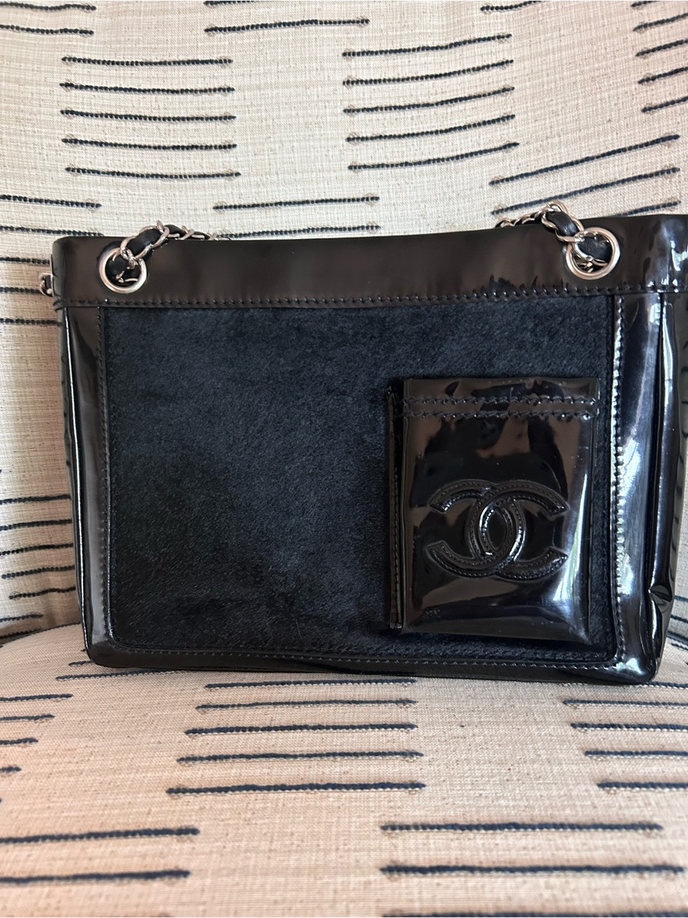 Chanel Black Patent & Pony Hair Vintage Chain-Handle Tote - Picture 9 of 14